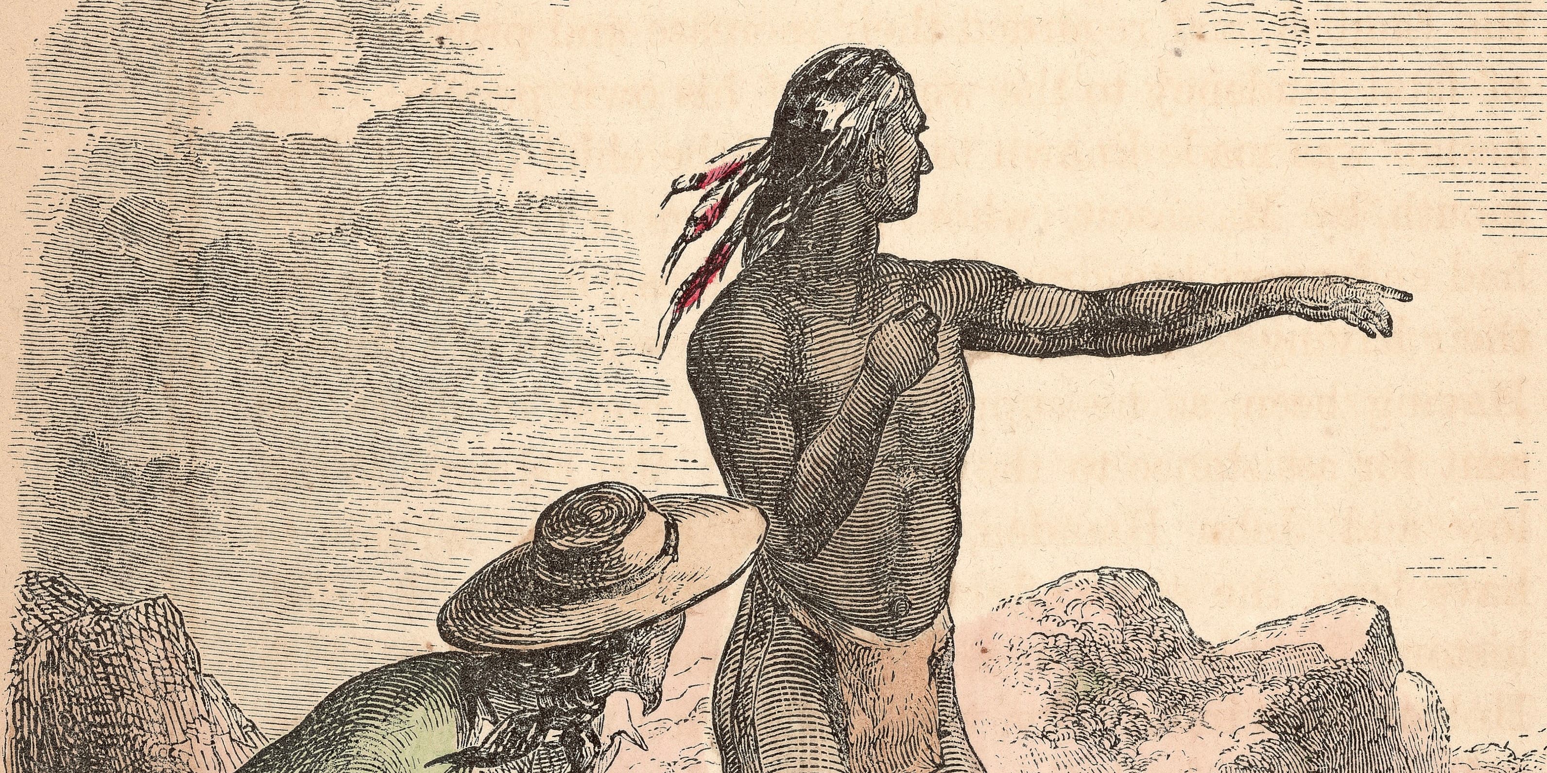 Detail of illustration depicting Native American Squanto (a.k.a. Tisquantum), of the Patuxet tribe, serving as guide and interpreter for the Pilgrims at the Plymouth Colony, circa 1621.