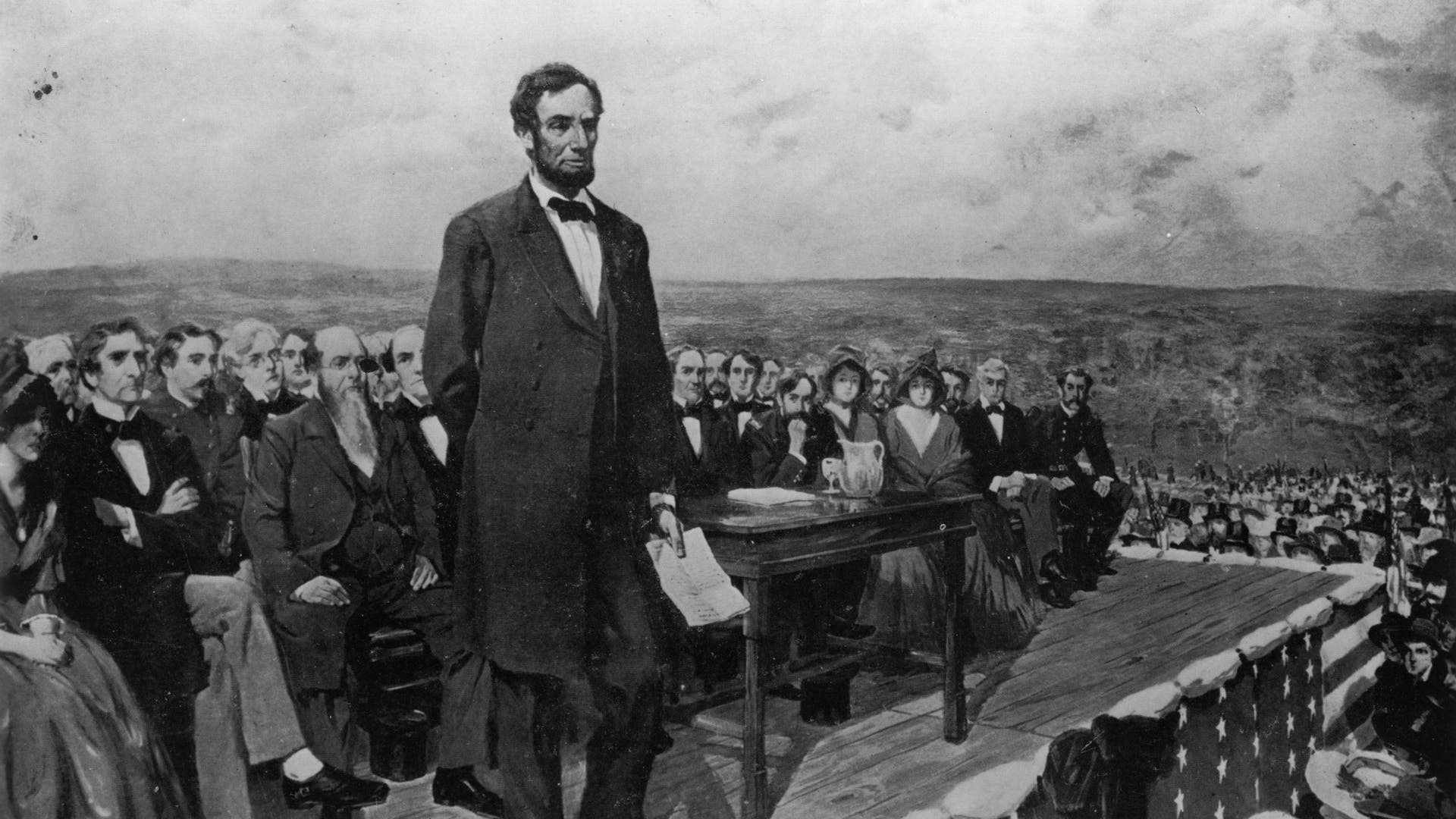 Gettysburg Address19th November 1863: Abraham Lincoln, the 16th President of the United States of America, making his famous 'Gettysburg Address' speech at the dedication of the Gettysburg National Cemetery during the American Civil War. Original Artwork: Painting by Fletcher C Ransom (Photo by Library Of Congress/Getty Images)